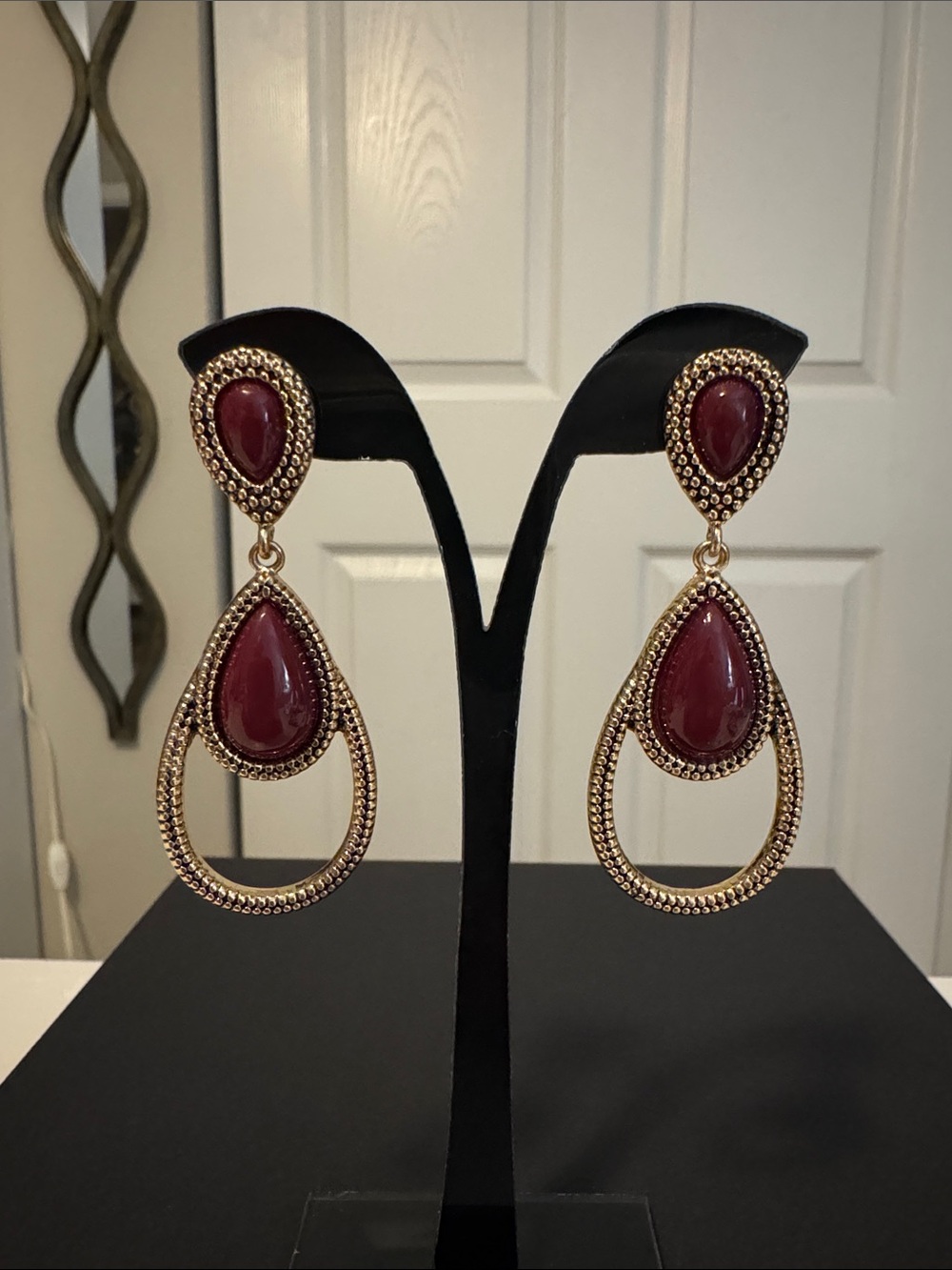 Gold Drop Earrings with Burgundy Teardrop Stones